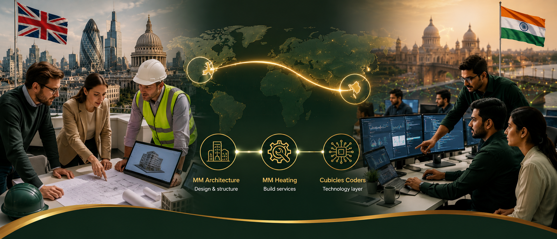 UK–India partnership diagram — MM Architecture and MM Heating in the UK connected to Cubicles Coders technology partner in India