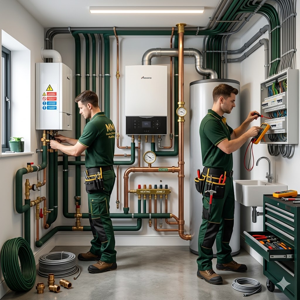 MM Heating Electrical Plumbing — engineers on site and completed installations