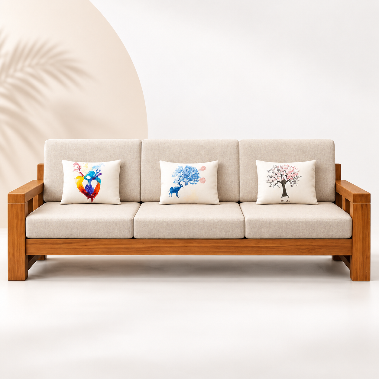 Wooden 3-Seater Sofa Set with Beige Cushions