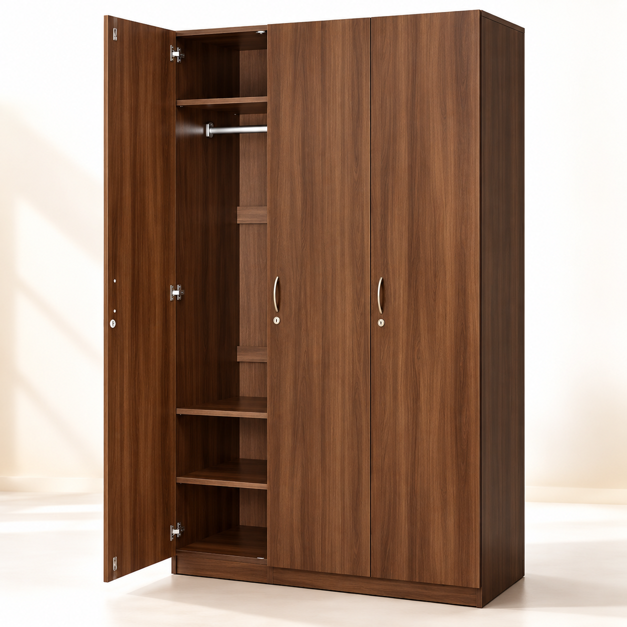 3-Door Wooden Wardrobe, Walnut Finish